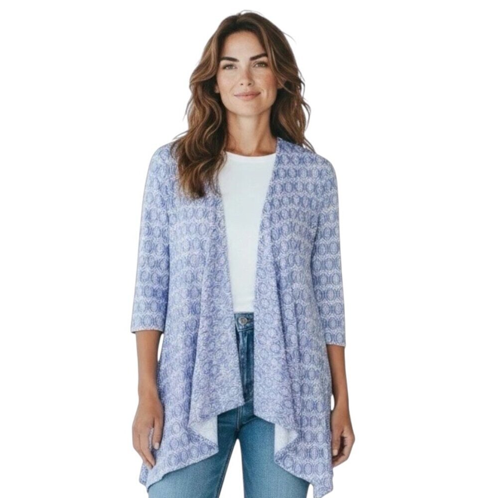 Chicos Travelers Womens Printed Cardigan~Size 00 (XS/2)~Blue White Top L10 23